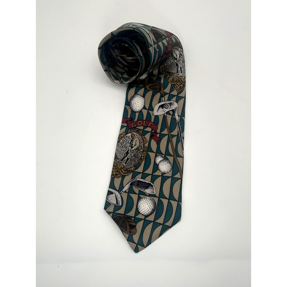 American Sports Golf Theme Necktie Green Beige Graphic Print USA Made Silk